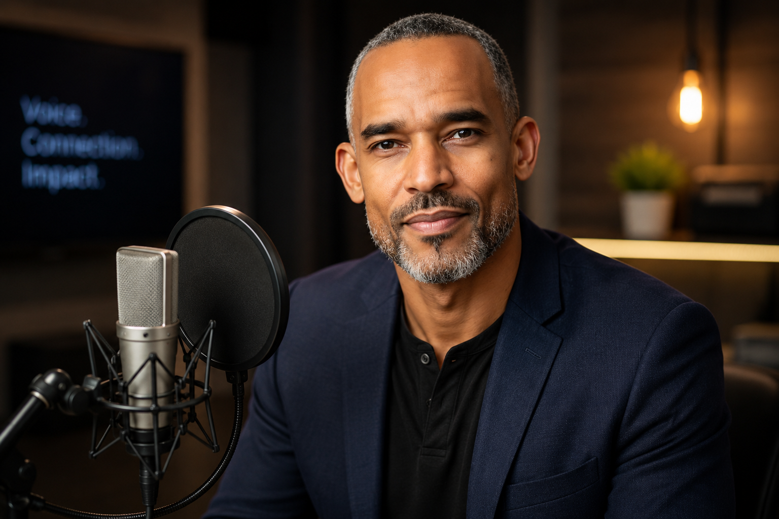 Scott Johnson recording voice over behind a broadcast microphone in his studio